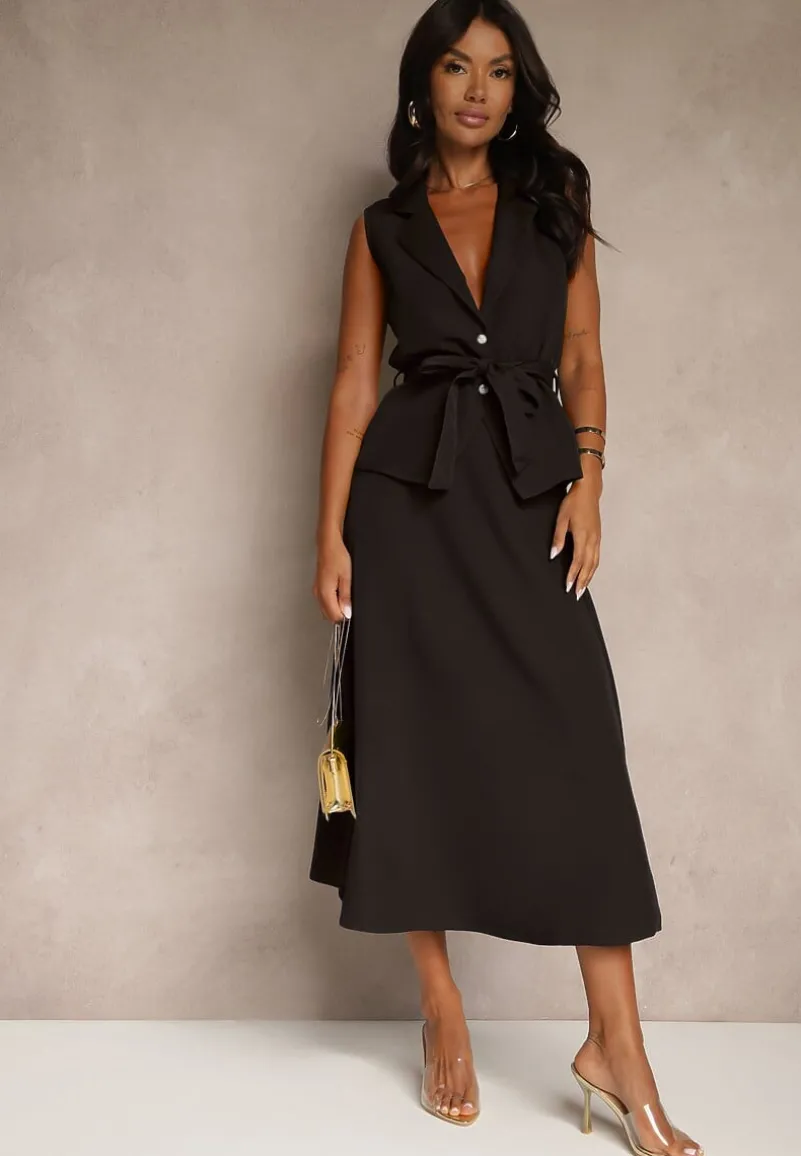 Czarny Komplet Garniturowy z Wiskozą Spódnica i Kamizelka Ozdobiona Paskiem Dolleira