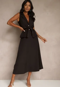 Czarny Komplet Garniturowy z Wiskozą Spódnica i Kamizelka Ozdobiona Paskiem Dolleira