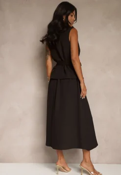 Czarny Komplet Garniturowy z Wiskozą Spódnica i Kamizelka Ozdobiona Paskiem Dolleira