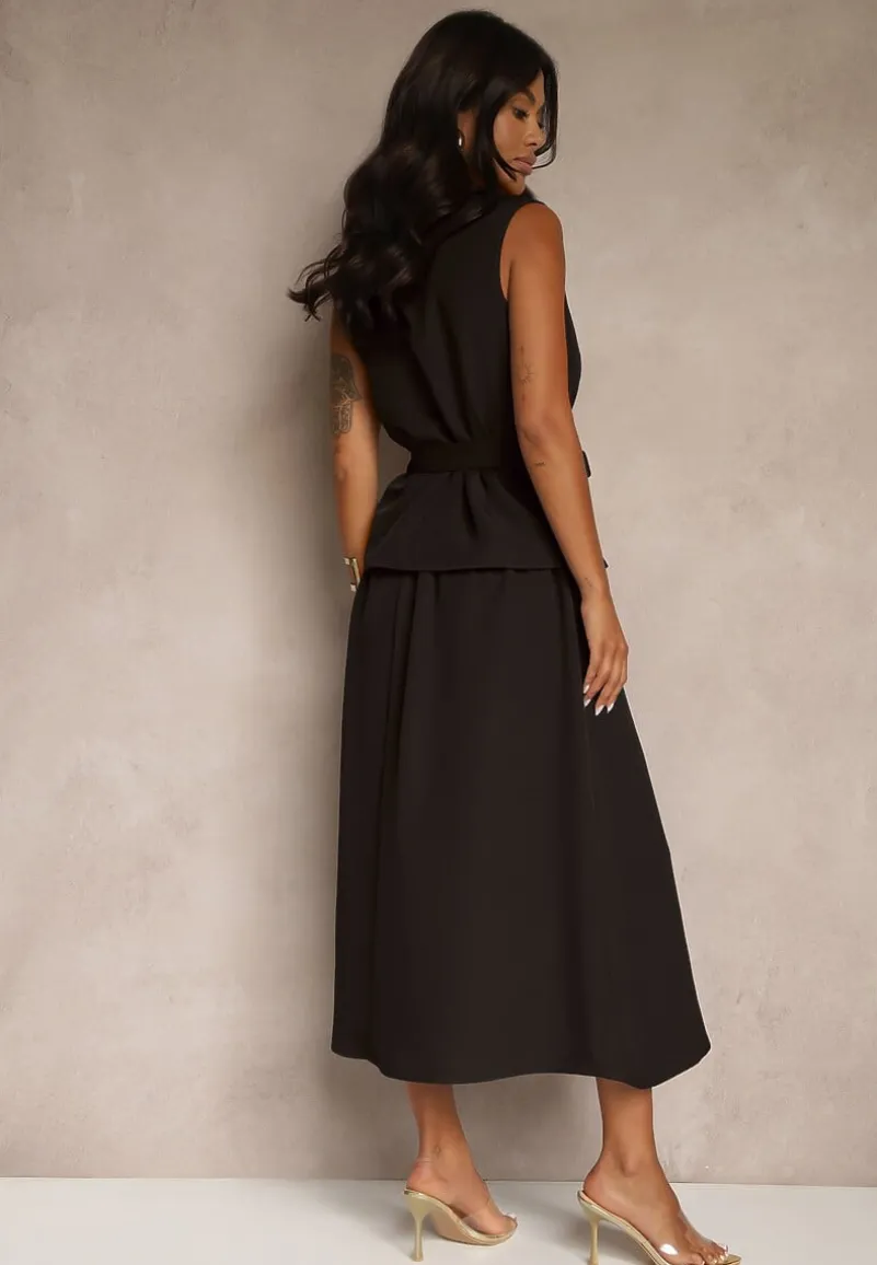 Czarny Komplet Garniturowy z Wiskozą Spódnica i Kamizelka Ozdobiona Paskiem Dolleira