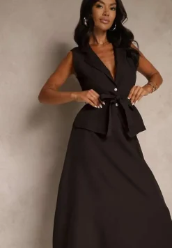 Czarny Komplet Garniturowy z Wiskozą Spódnica i Kamizelka Ozdobiona Paskiem Dolleira