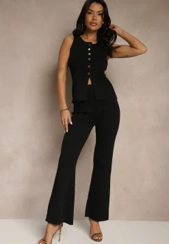 Czarny Komplet Kamizelka i Spodnie na Gumce z Wiskozą Merariana