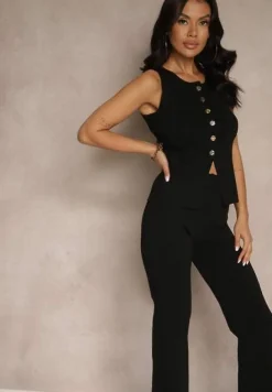 Czarny Komplet Kamizelka i Spodnie na Gumce z Wiskozą Merariana