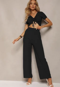 Czarny Komplet Koszulka ze Ściągaczem Szerokie Spodnie z Gumką w Talii Tolan