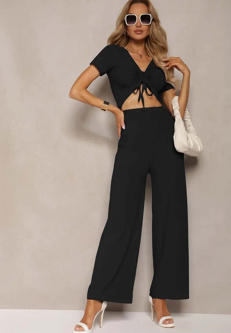 Czarny Komplet Koszulka ze Ściągaczem Szerokie Spodnie z Gumką w Talii Tolan