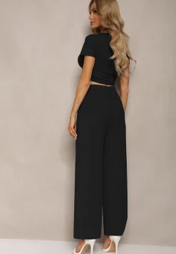 Czarny Komplet Koszulka ze Ściągaczem Szerokie Spodnie z Gumką w Talii Tolan