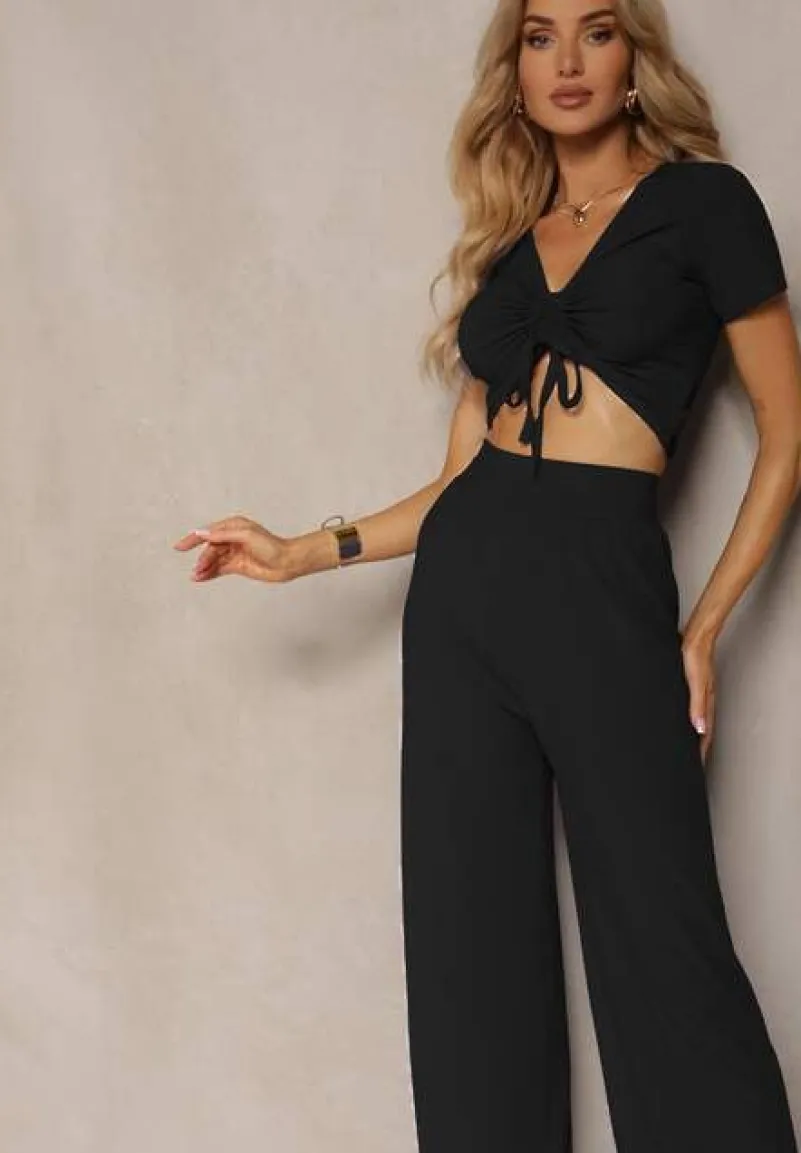 Czarny Komplet Koszulka ze Ściągaczem Szerokie Spodnie z Gumką w Talii Tolan