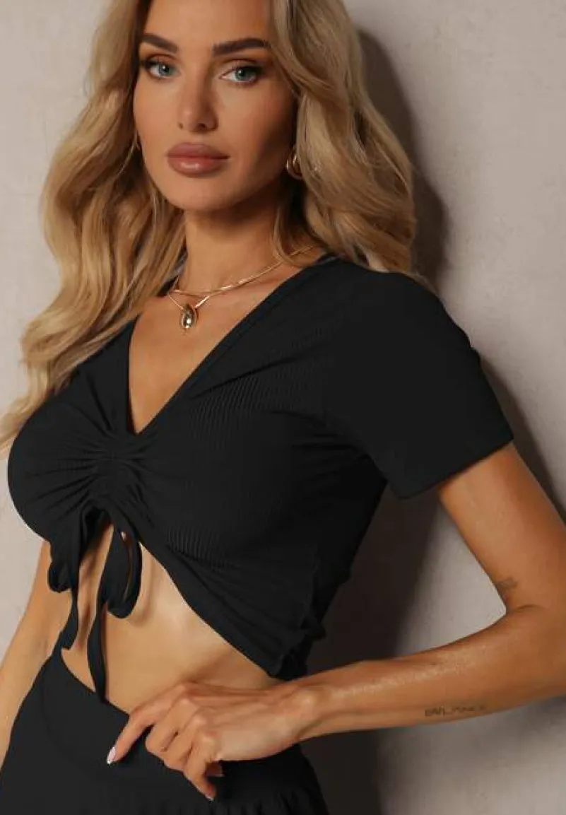 Czarny Komplet Koszulka ze Ściągaczem Szerokie Spodnie z Gumką w Talii Tolan