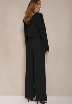 Czarny Komplet o Garniturowym Kroju ze Spodniami i Marynarką z Broszką Ravkio