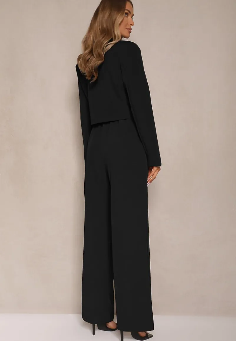 Czarny Komplet o Garniturowym Kroju ze Spodniami i Marynarką z Broszką Ravkio