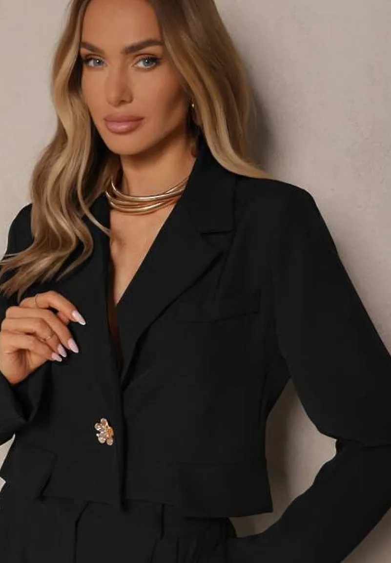 Czarny Komplet o Garniturowym Kroju ze Spodniami i Marynarką z Broszką Ravkio