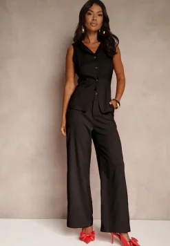 Czarny Komplet o Garniturowym Kroju Spodnie Wide Leg i Taliowana Kamizelka Nalinise
