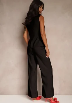 Czarny Komplet o Garniturowym Kroju Spodnie Wide Leg i Taliowana Kamizelka Nalinise