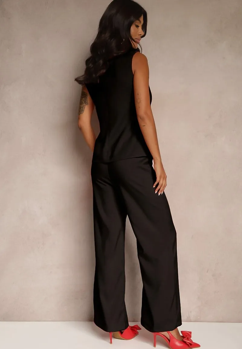 Czarny Komplet o Garniturowym Kroju Spodnie Wide Leg i Taliowana Kamizelka Nalinise