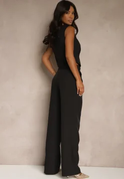 Czarny Komplet o Garniturowym Kroju z Wiskozą Spodnie Wide Leg i Top Silosea