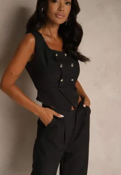 Czarny Komplet o Garniturowym Kroju z Wiskozą Spodnie Wide Leg i Top Silosea