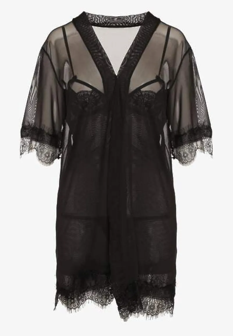 Czarny Komplet Piżamowy z Siateczki Koszula Nocna Szlafrok Stringi Liamara