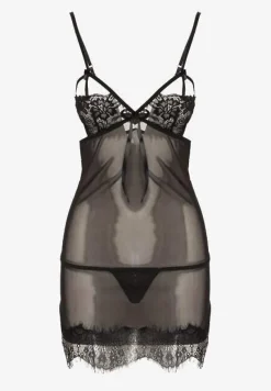 Czarny Komplet Piżamowy z Siateczki Koszula Nocna Szlafrok Stringi Liamara