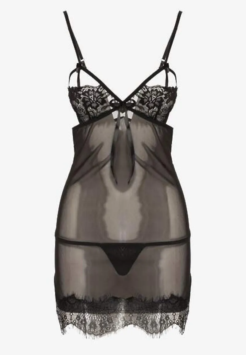 Czarny Komplet Piżamowy z Siateczki Koszula Nocna Szlafrok Stringi Liamara