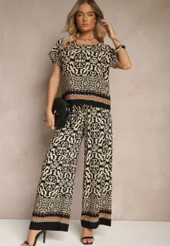 Czarny Komplet Spodnie i Bluzka z Bawełny w Ornamentalny Print Nanitria