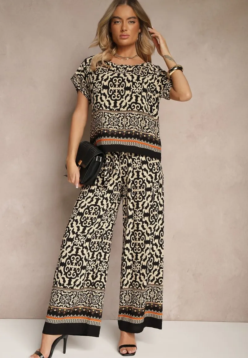Czarny Komplet Spodnie i Bluzka z Bawełny w Ornamentalny Print Nanitria