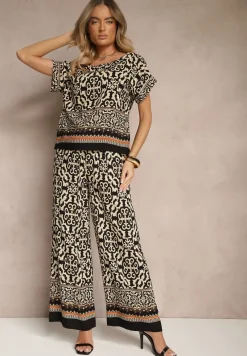 Czarny Komplet Spodnie i Bluzka z Bawełny w Ornamentalny Print Nanitria