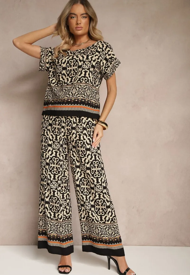 Czarny Komplet Spodnie i Bluzka z Bawełny w Ornamentalny Print Nanitria