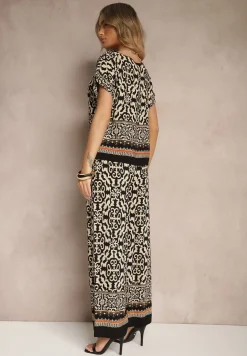 Czarny Komplet Spodnie i Bluzka z Bawełny w Ornamentalny Print Nanitria