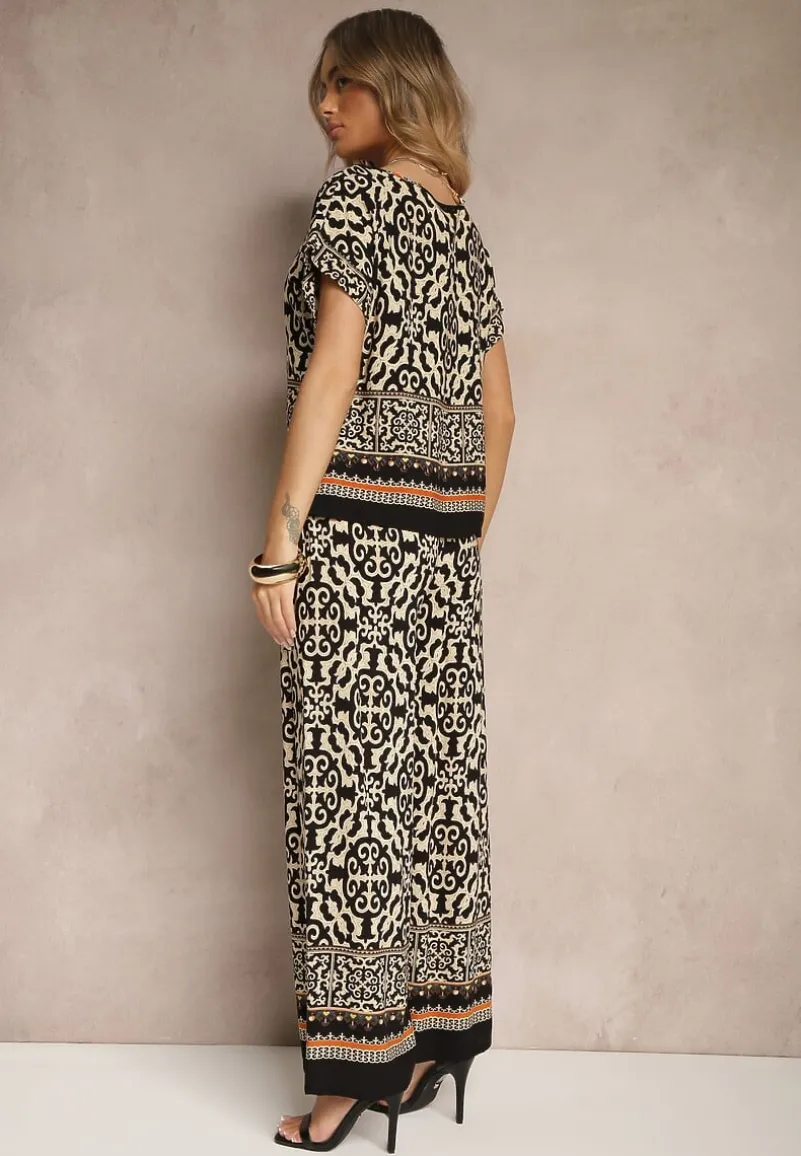 Czarny Komplet Spodnie i Bluzka z Bawełny w Ornamentalny Print Nanitria