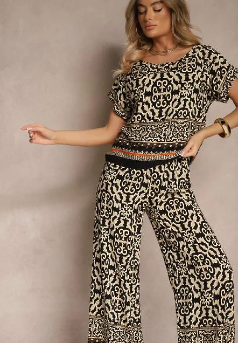 Czarny Komplet Spodnie i Bluzka z Bawełny w Ornamentalny Print Nanitria