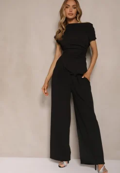 Czarny Komplet Spodnie o Szerokim Kroju i Asymetryczna Bluzka z Marszczeniem Nitara