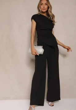 Czarny Komplet Spodnie o Szerokim Kroju i Asymetryczna Bluzka z Marszczeniem Nitara