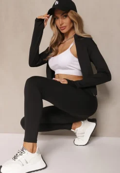 Czarny Komplet Sportowy Legginsy i Bluza z Wycięciem na Kciuk Redarose