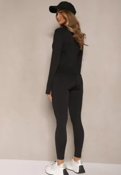 Czarny Komplet Sportowy Legginsy i Bluza z Wycięciem na Kciuk Redarose