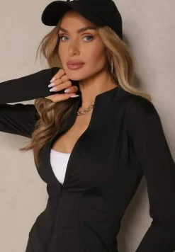 Czarny Komplet Sportowy Legginsy i Bluza z Wycięciem na Kciuk Redarose