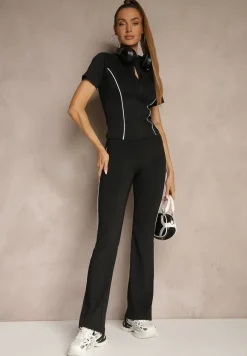 Czarny Komplet Sportowy Spodnie Dzwony i Koszulka z Suwakiem Lumecine