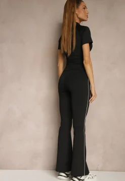 Czarny Komplet Sportowy Spodnie Dzwony i Koszulka z Suwakiem Lumecine