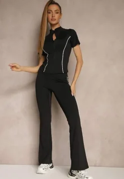 Czarny Komplet Sportowy Spodnie Dzwony i Koszulka z Suwakiem Lumecine