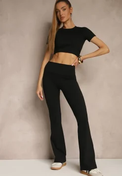 Czarny Komplet Sportowy Spodnie i Koszulka Ozdobiona Sznurowaniem Lumileine