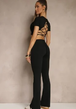 Czarny Komplet Sportowy Spodnie i Koszulka Ozdobiona Sznurowaniem Lumileine