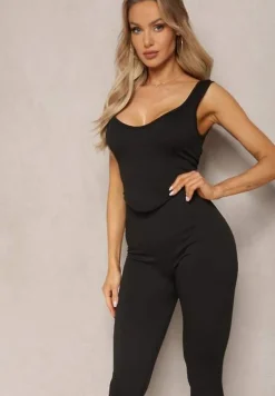 Czarny Komplet Sportowy w Prążki Top na Ramiączkach i Legginsy High Waist Izralia