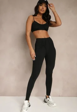 Czarny Komplet Sportowy Zdobiony Przeszyciami Legginsy i Top Filaranea