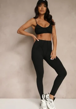 Czarny Komplet Sportowy Zdobiony Przeszyciami Legginsy i Top Filaranea