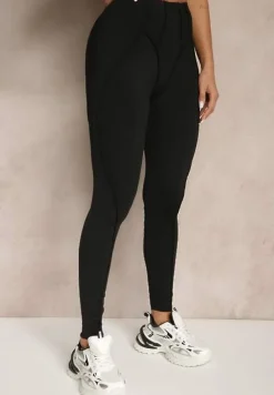 Czarny Komplet Sportowy Zdobiony Przeszyciami Legginsy i Top Filaranea