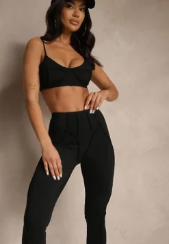 Czarny Komplet Sportowy Zdobiony Przeszyciami Legginsy i Top Filaranea