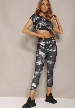 Czarny Komplet Sportowy z Printem Tie-Dye z Koszulą Cropped i Legginsami Davenia