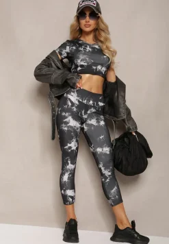 Czarny Komplet Sportowy z Printem Tie-Dye z Koszulą Cropped i Legginsami Davenia