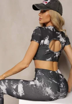 Czarny Komplet Sportowy z Printem Tie-Dye z Koszulą Cropped i Legginsami Davenia
