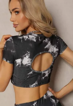 Czarny Komplet Sportowy z Printem Tie-Dye z Koszulą Cropped i Legginsami Davenia