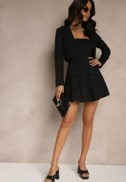 Czarny Komplet Sukienka z Gumką i Krótka Marynarka Sepenillea